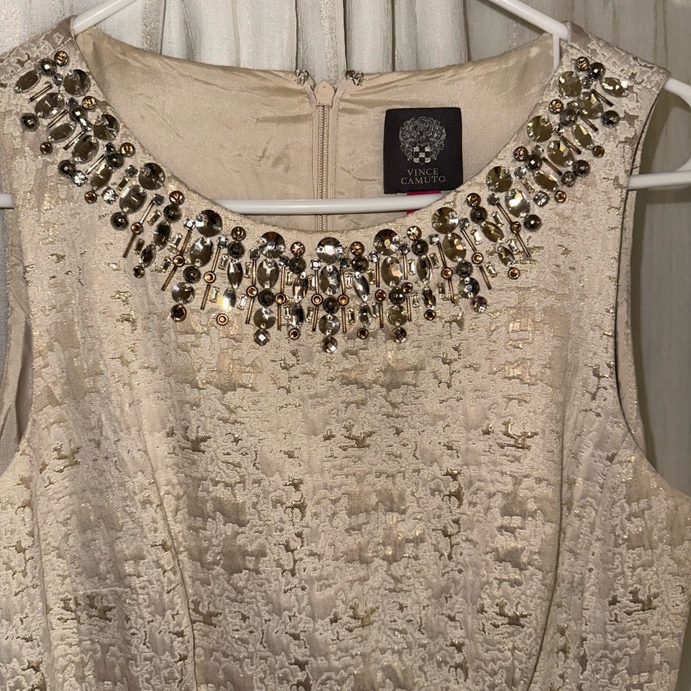 Vince Camuto Textured Gold Dress with Embellished Neckline